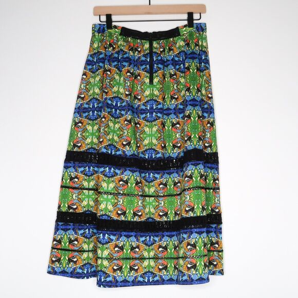 Sam Edelman Womens Skirt Size 10 Blue‎ Green A-line Novelty Parrot Black Lace - Picture 2 of 9